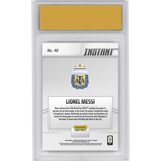 Graded 2026 Panini Instant FIFA World Cup Lionel Messi #46 Hats Off: Magical Messi Ties Goals Record Argentina Soccer Card HOFSM 10 Gem Mint