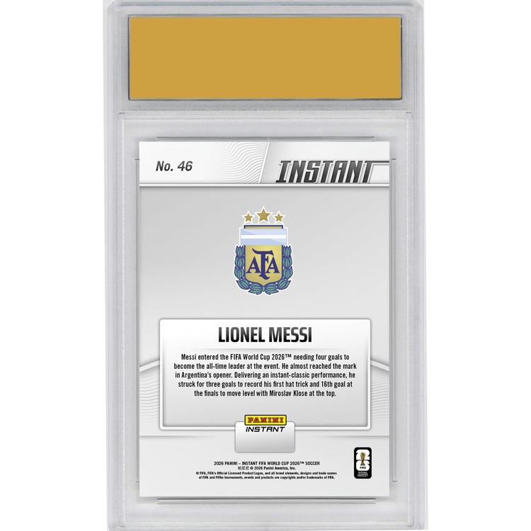 Graded 2026 Panini Instant FIFA World Cup Lionel Messi #46 Hats Off: Magical Messi Ties Goals Record Argentina Soccer Card HOFSM 10 Gem Mint