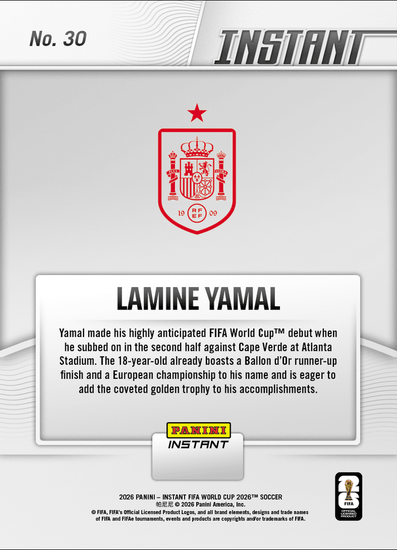 2026 Panini Instant FIFA World Cup Lamine Yamal #30 Spanish Starlet Struts Stuff On Big Stage Spain Soccer Card
