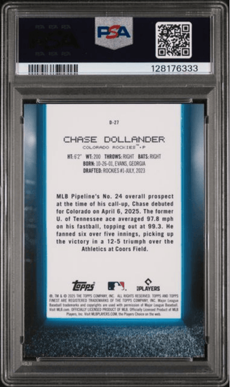 Graded 2025 Topps Finest Chase Dollander #D27 Debut Purple Refractor /125 Rookie RC Baseball Card PSA 10 Gem Mint