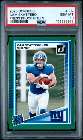 Graded 2025 Panini Donruss Cam Skattebo #302 Press Proof Green Rookie RC Football Card PSA 10 Gem Mint