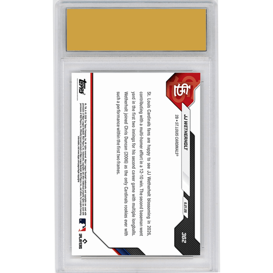 Graded 2026 Topps Now JJ Wetherholt #362 2nd Club Rookie with Home Runs in 1st Two Innings St Louis Cardinals Rookie RC Baseball Card HOFSM 10 Gem Mint