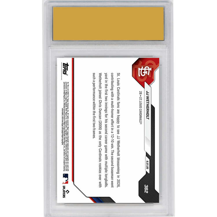 Graded 2026 Topps Now JJ Wetherholt #362 2nd Club Rookie with Home Runs in 1st Two Innings St Louis Cardinals Rookie RC Baseball Card HOFSM 10 Gem Mint