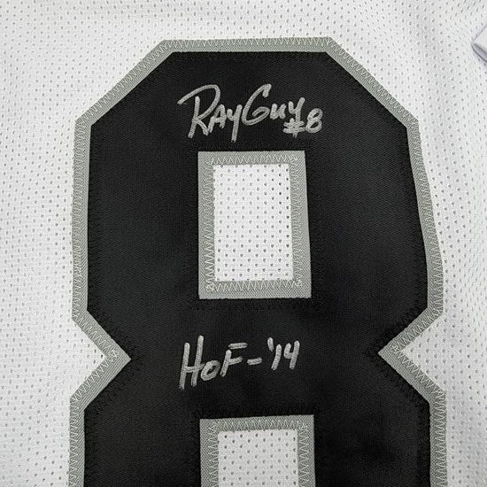Framed Autographed/Signed Ray Guy HOF 14 35x39 Oakland Las Vegas White Football Jersey JSA COA