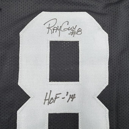 Framed Autographed/Signed Ray Guy HOF 14 35x39 Oakland Las Vegas Black Football Jersey JSA COA