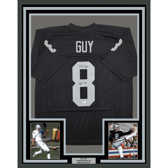 Framed Autographed/Signed Ray Guy HOF 14 35x39 Oakland Las Vegas Black Football Jersey JSA COA