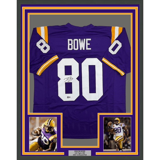 Framed Autographed/Signed Dwayne Bowe 35x39 LSU Purple College Football Jersey Beckett BAS COA