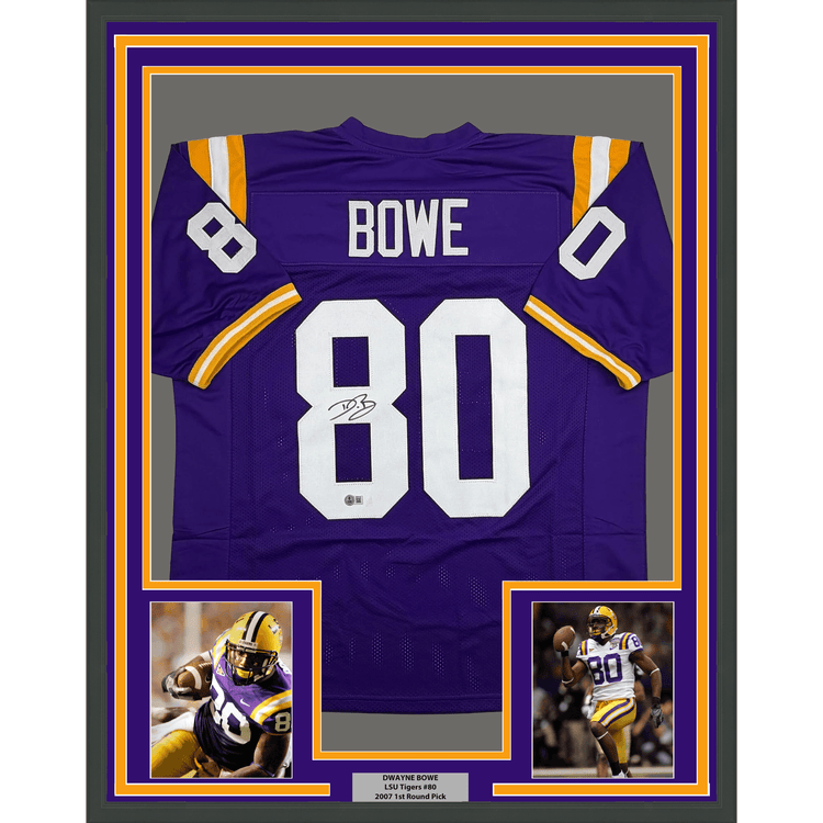 Framed Autographed/Signed Dwayne Bowe 35x39 LSU Purple College Football Jersey Beckett BAS COA