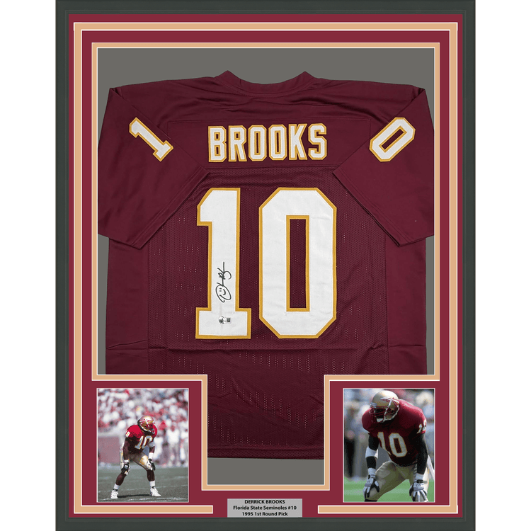 Framed Autographed/Signed Derrick Brooks 35x39 Florida State FSU Maroon College Football Jersey Beckett BAS COA