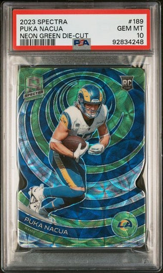 Graded 2023 Panini Spectra Puka Nacua #189 /30 Neon Green Die Cut Rookie RC Football Card PSA 10 Gem Mint