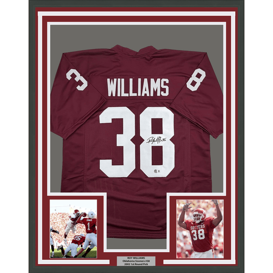 Framed Autographed/Signed Roy Williams 35x39 Oklahoma Maroon College Football Jersey Beckett BAS COA