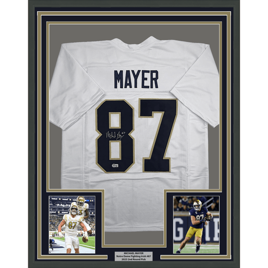 Framed Autographed/Signed Michael Mayer 35x39 Notre Dame White College Football Jersey Beckett BAS COA