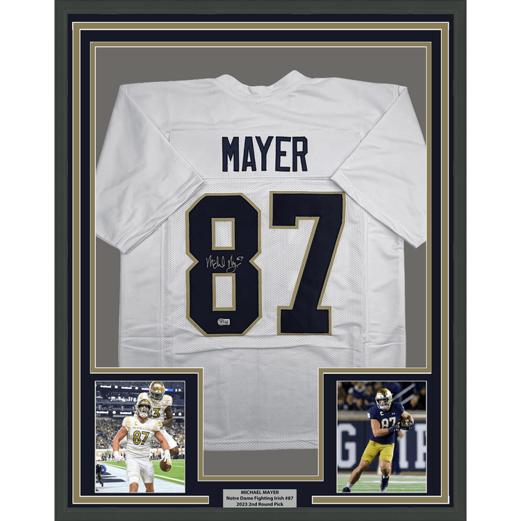 Framed Autographed/Signed Michael Mayer 35x39 Notre Dame White College Football Jersey Beckett BAS COA