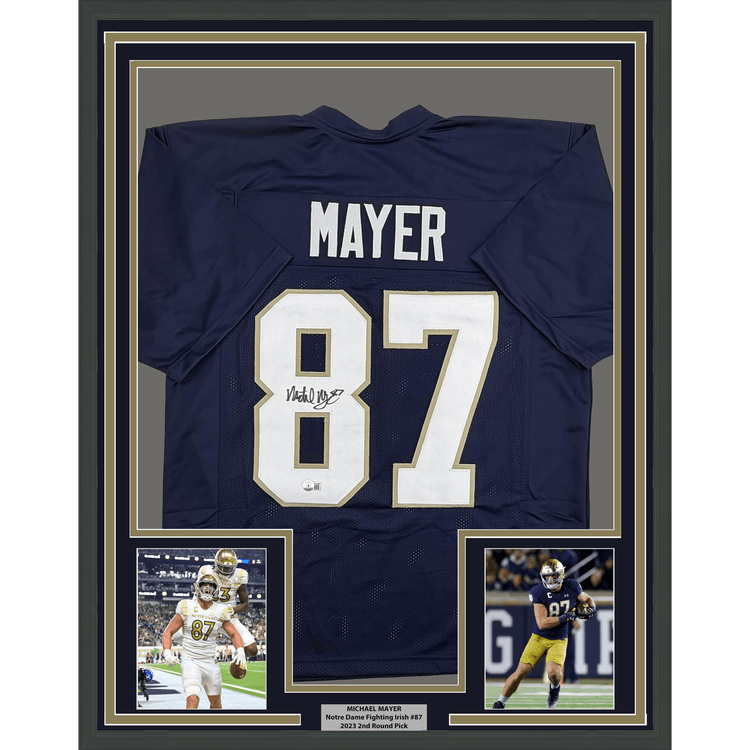 Framed Autographed/Signed Michael Mayer 35x39 Notre Dame Blue College Football Jersey Beckett BAS COA