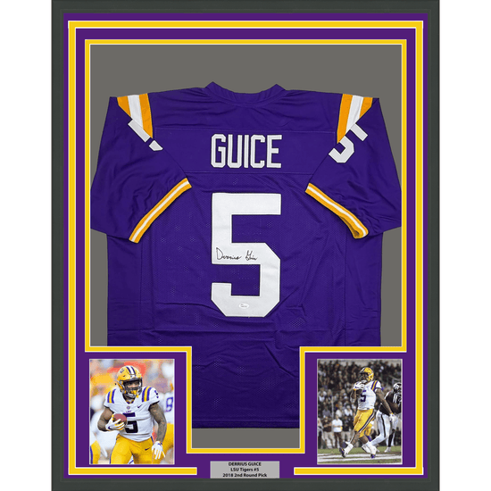 Framed Autographed/Signed Derrius Guice 35x39 LSU Purple College Football Jersey JSA COA