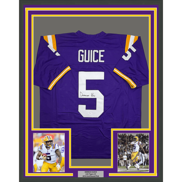 Framed Autographed/Signed Derrius Guice 35x39 LSU Purple College Football Jersey JSA COA