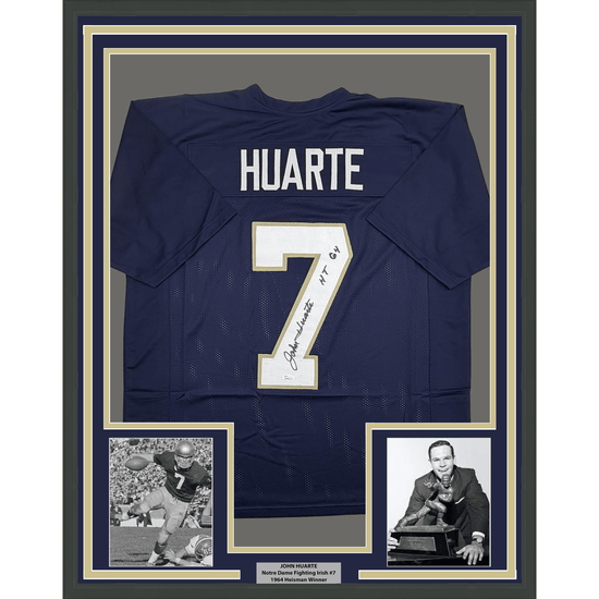 Framed Autographed/Signed John Huarte 35x39 HT 64 Notre Dame Blue College Football Jersey JSA COA