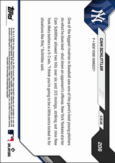 2026 Topps Now Cam Schlittler #206 Dazzles with 9Ks in Winning Subway Series Debut New York Yankees Rookie RC Baseball Card
