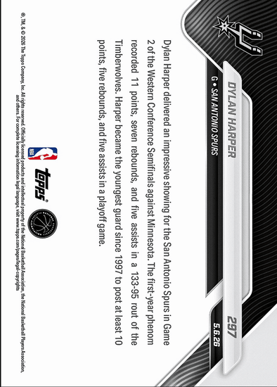 2025 Topps Now Dylan Harper #297 Rookie Shines in 38 Point Triumph As Spurs Even Series San Antonio Spurs Rookie RC Basketball Card