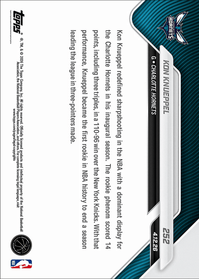 2025 Topps Now Kon Knueppel #252 1st Rookie in NBA History to Lead League in 3PM Charlotte Hornets Rookie RC Basketball Card