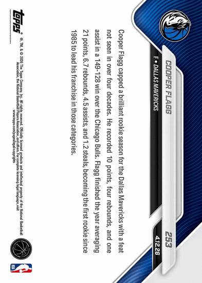 2025 Topps Now Cooper Flagg #253 1st Rookie Since '85 to Lead Team in Pts/Reb/Ast/Stl Dallas Mavericks Rookie RC Basketball Card