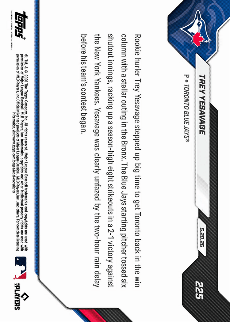 2026 Topps Now Trey Yesavage #225 Outduels Schlittler in Match Up of Rookie Hurlers Toronto Blue Jays Rookie RC Baseball Card