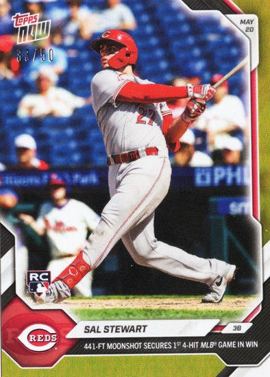 2026 Topps Now Sal Stewart #224 Gold Foil /50 441 Foot Moonshot Secures 1st 4 Hit MLB Game in Win Cincinnati Reds Rookie RC Baseball Card