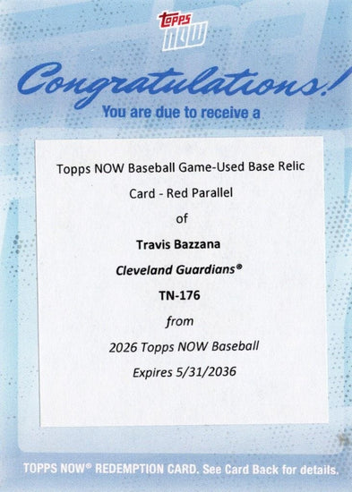 2026 Topps Now Travis Bazzana #176 Red Relic Redemption /5 Top Prospect's 1st Home Run Caps Off Memorable Night Cleveland Guardians Rookie RC Baseball Card