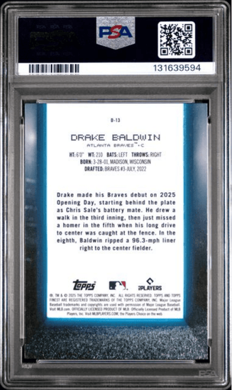 Graded 2025 Topps Finest Drake Baldwin #D13 Debut Blue Refractor /99 Rookie RC Baseball Card PSA 10 Gem Mint