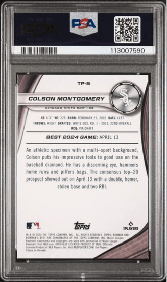 Graded 2024 Topps Bowmans Best Colson Montgomery #TP5 Top Prospects Blue Xfractor /150 Rookie RC Baseball Card PSA 10 Gem Mint