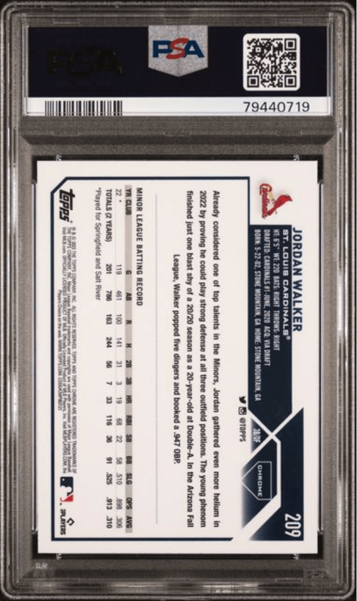 Graded 2023 Topps Chrome Jordan Walker #209 Rookie RC Baseball Card PSA 10 Gem Mint