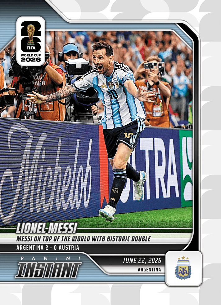 2026 Panini Instant FIFA World Cup Lionel Messi #89 Messi On Top of The World with Historic Double Argentina Soccer Card