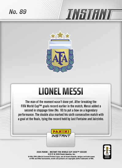 2026 Panini Instant FIFA World Cup Lionel Messi #89 Messi On Top of The World with Historic Double Argentina Soccer Card