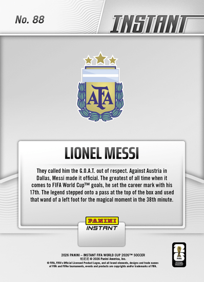 2026 Panini Instant FIFA World Cup Lionel Messi #88 Argentina Legend Sets FIFA World Cup Goals Mark Argentina Soccer Card
