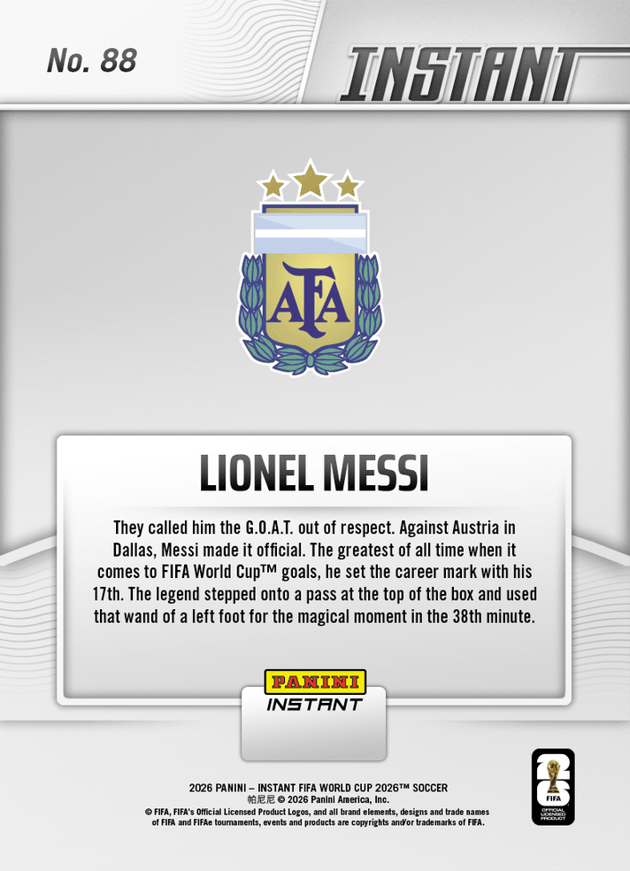 2026 Panini Instant FIFA World Cup Lionel Messi #88 Argentina Legend Sets FIFA World Cup Goals Mark Argentina Soccer Card