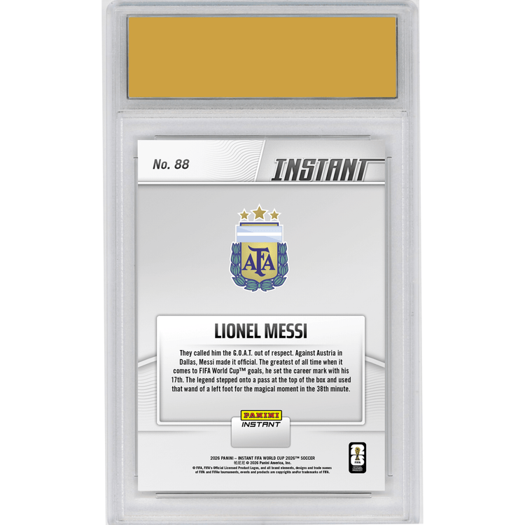 Graded 2026 Panini Instant FIFA World Cup Lionel Messi #88 Argentina Legend Sets FIFA World Cup Goals Mark Argentina Soccer Card HOFSM 10 Gem Mint