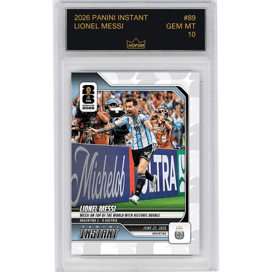Graded 2026 Panini Instant FIFA World Cup Lionel Messi #89 Messi On Top of The World with Historic Double Argentina Soccer Card HOFSM 10 Gem Mint