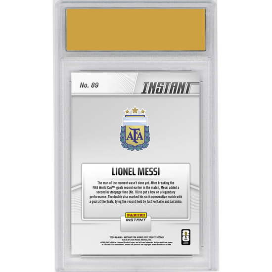 Graded 2026 Panini Instant FIFA World Cup Lionel Messi #89 Messi On Top of The World with Historic Double Argentina Soccer Card HOFSM 10 Gem Mint