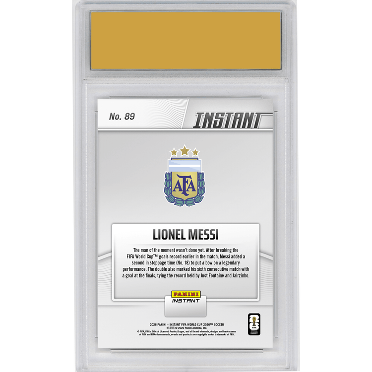 Graded 2026 Panini Instant FIFA World Cup Lionel Messi #89 Messi On Top of The World with Historic Double Argentina Soccer Card HOFSM 10 Gem Mint
