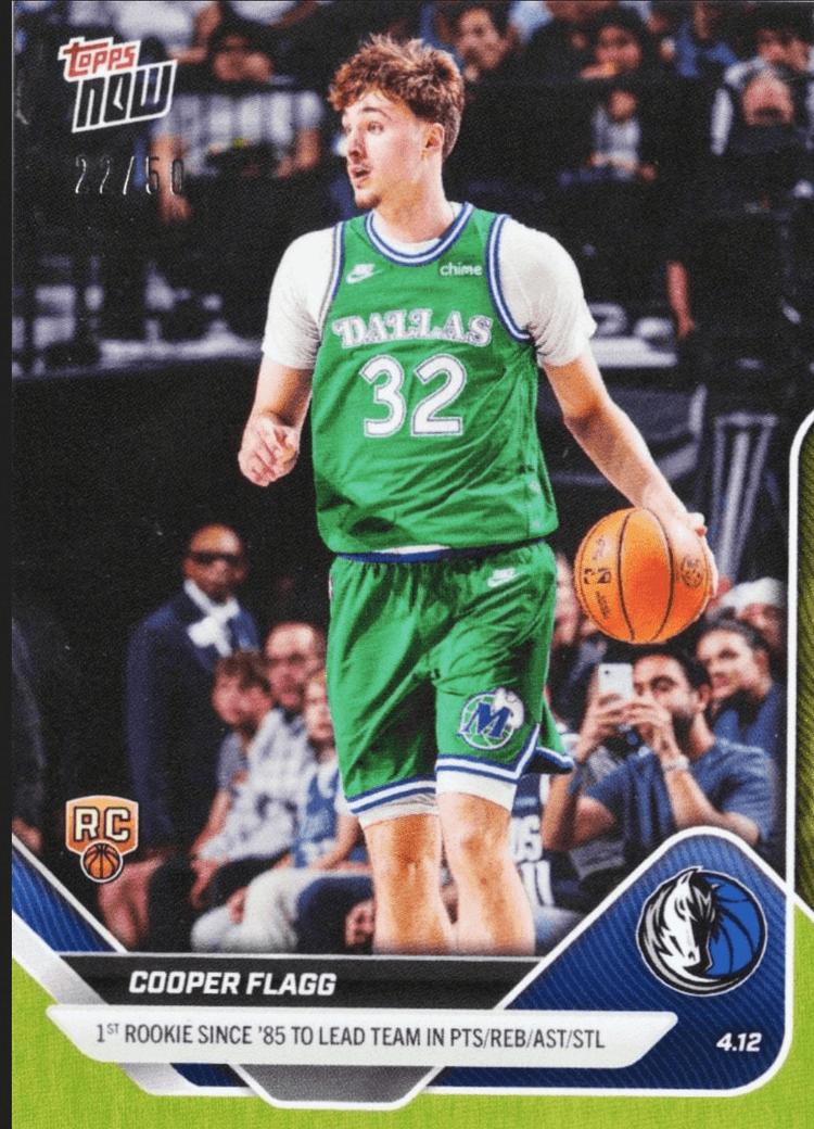 2025 Topps Now Cooper Flagg #253 Gold Foil /50 1st Rookie Since '85 to Lead Team in Pts/Reb/Ast/Stl Dallas Mavericks Rookie RC Basketball Card