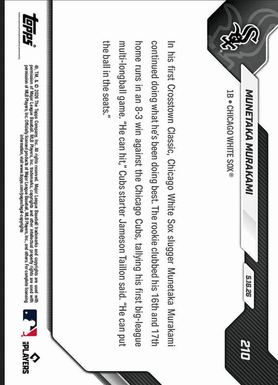 2026 Topps Now Munetaka Murakami #210 Gold Foil /50 1st Multi Home Run Game Comes in Rivalry Victory Chicago White Sox Rookie RC Baseball Card