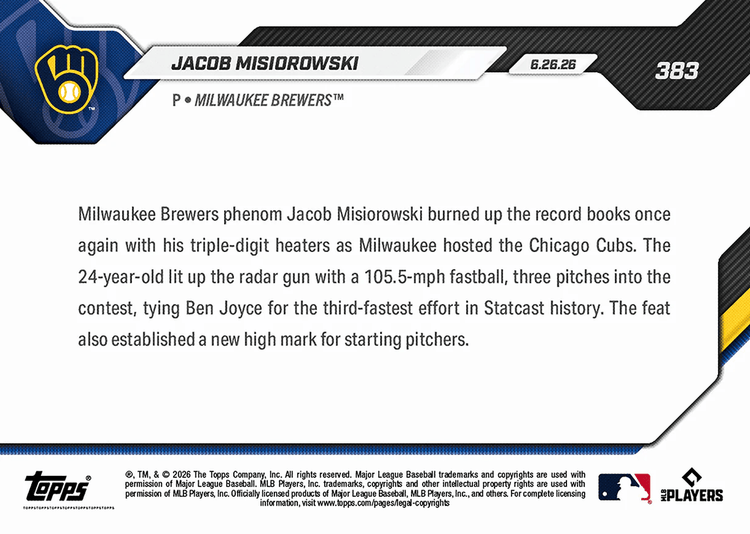2026 Topps Now Jacob Misiorowski #383 105.5MPH Heater Scorches MLB Record Books Milwaukee Brewers Rookie RC Baseball Card