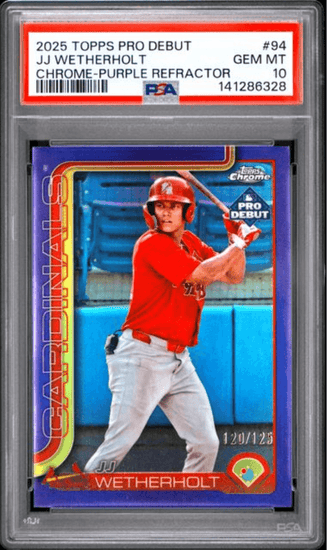 Graded 2025 Topps Pro Debiut JJ Wetherholt #94 Chrome Purple Refractor /125 Rookie RC Baseball Card PSA 10 Gem Mint