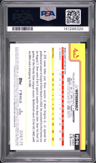 Graded 2025 Topps Pro Debiut JJ Wetherholt #94 Sparkle Foil /175 Rookie RC Baseball Card PSA 10 Gem Mint