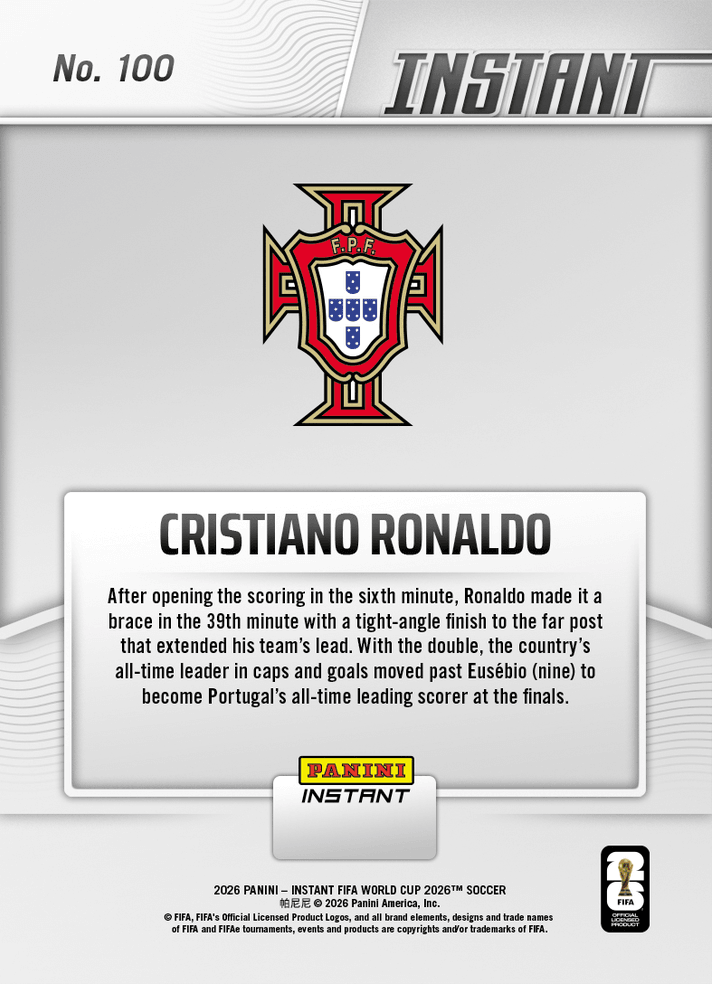 2026 Panini Instant FIFA World Cup Cristiano Ronaldo #100 Ronaldo Double Takes Him Past Portugal Legend Portugal Soccer Card
