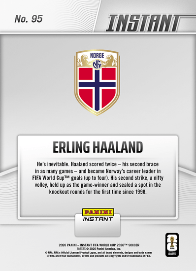 2026 Panini Instant FIFA World Cup Erling Haaland #95 Haaland Pulls Double, Norways Rows to Next Round Norway Soccer Card
