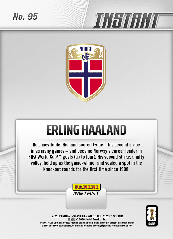 2026 Panini Instant FIFA World Cup Erling Haaland #95 Haaland Pulls Double, Norways Rows to Next Round Norway Soccer Card
