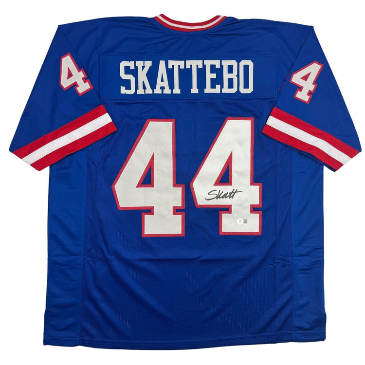 Autographed/Signed Cam Skattebo New York Blue Retro Football Jersey Beckett BAS COA