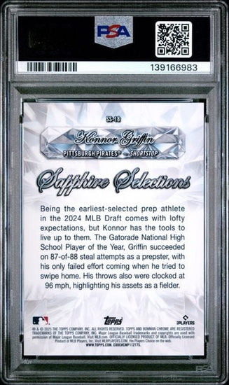 Graded 2025 Bowman Chrome Sapphire Konnor Griffin #18 Sapphire Selections Gold Refractor /50 Rookie RC Baseball Card PSA 10 Gem Mint