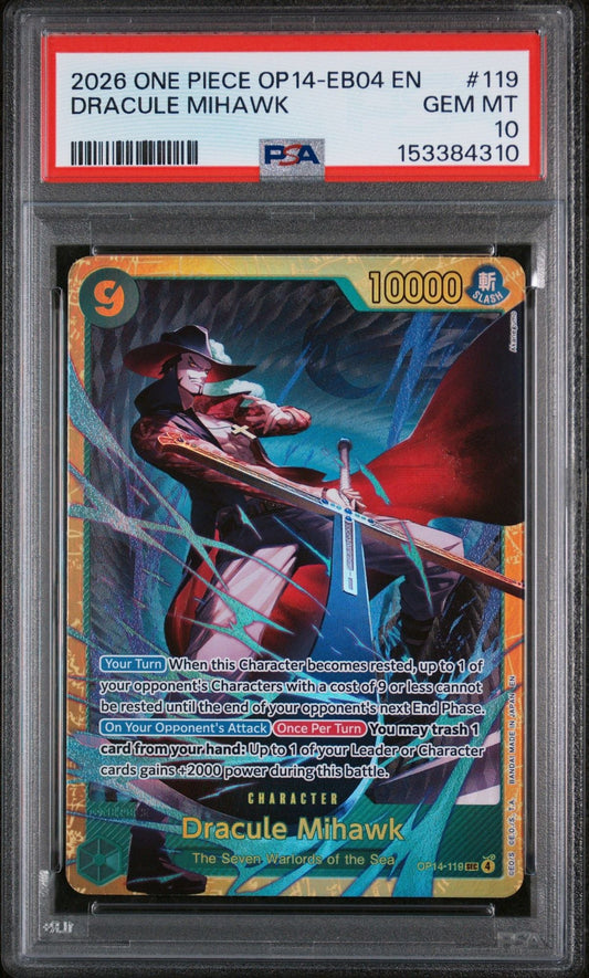 Graded 2026 One Piece Dracule Mihawk #119 Trading Card Game PSA 10 Gem Mint